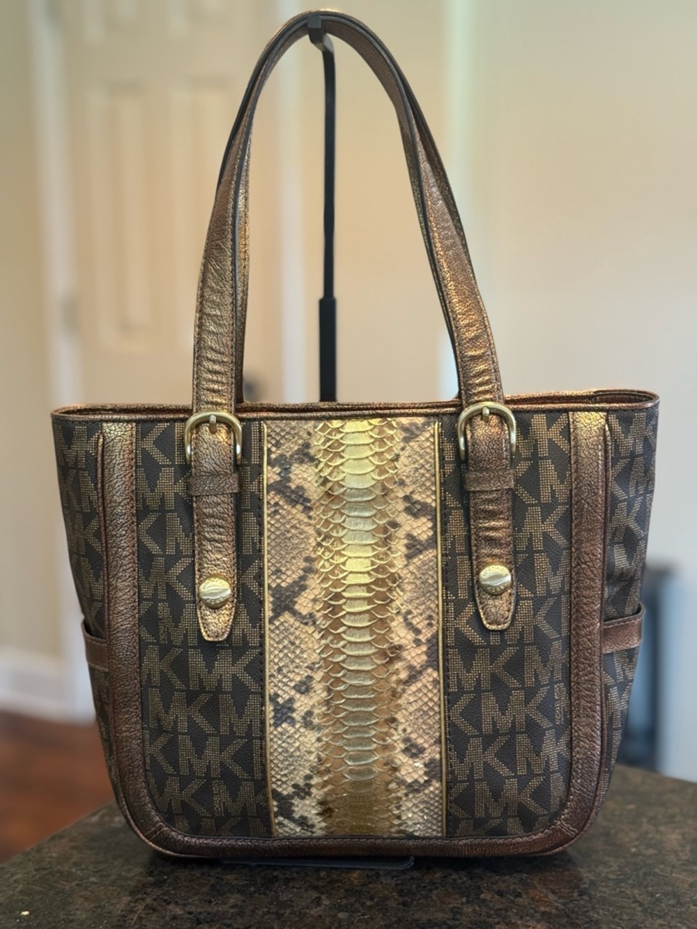 Vintage Michael Kors Brown & Gold Logo Tote with Snake-Print Center - Picture 1 of 13